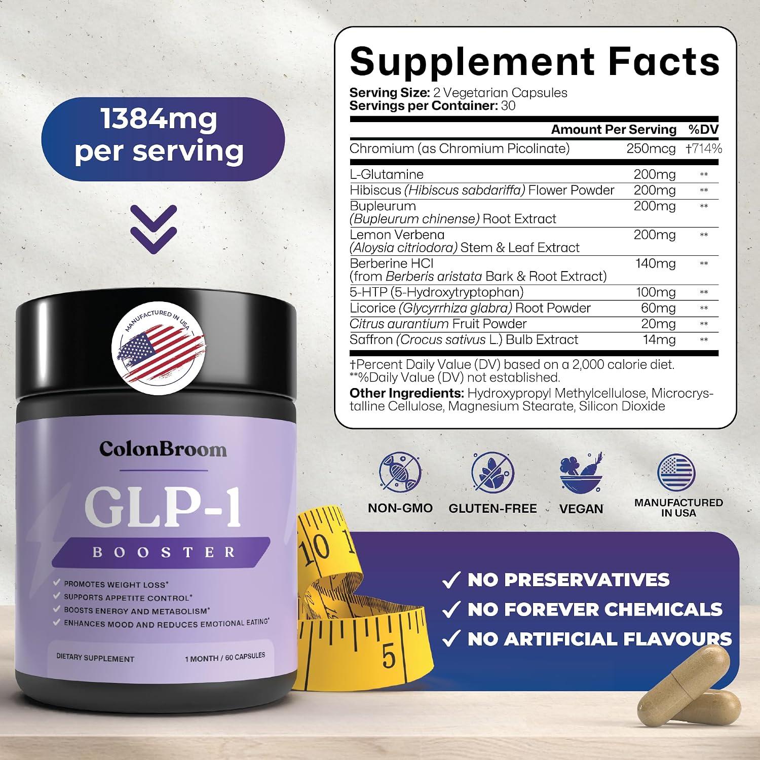 ColonBroom GLP-1 Booster supplement facts panel showing per-serving capsule ingredient doses