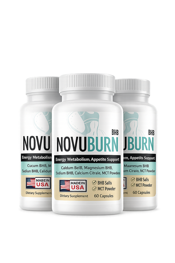 Three NovuBurn keto BHB supplement bottles — Buy 3 Get 3 Free, 6-bottle package with free ebook